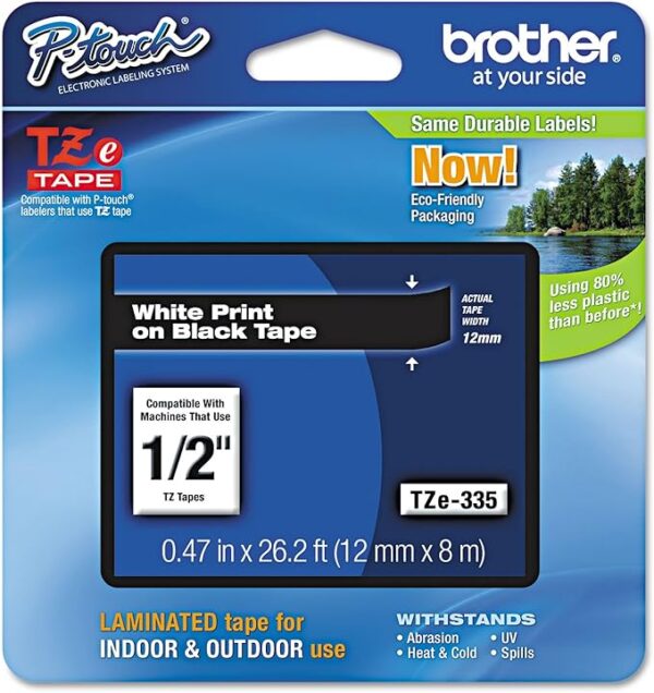 Brother P-Touch TZ tape ½” black on white, 0.47" x 26.2'