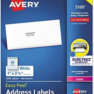 Easy Peel Address Labels, 1"x2.63", White, 30/Sheet, 100 sheets/Box