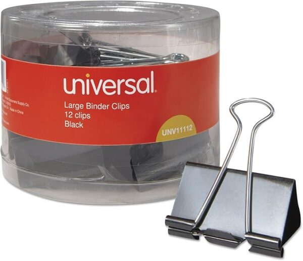 Binder Clips, Large, 2" Wide, 1" Capacity, Black, Pack of 12