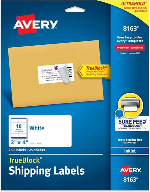 Shipping Labels, 2"x4", White, 10/Sheet, 25 sheets/Pack