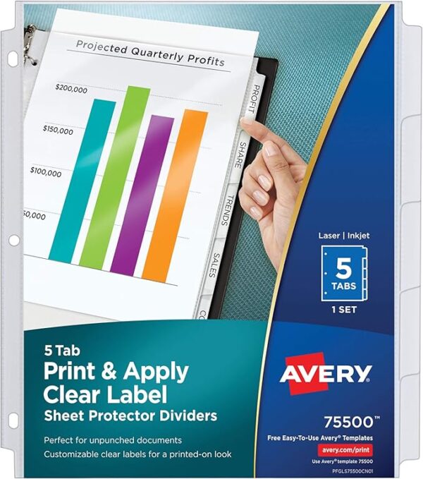 Printable 5-Tab Dividers, White Label, 1 set