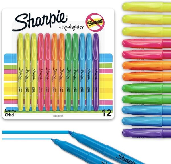 Sharpie Smear Guard Highlighter, Various Colors, Pack of 12