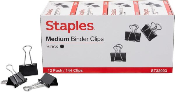 Binder Clips, Medium, 1 1/4" Wide, 5/8" Capacity, Black, Pack Of 144 (12 Boxes Of 12 Clips)