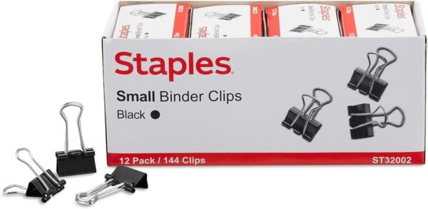 Binder Clips, Small, 3/4" Wide, 3/8" Capacity, Black, Pack Of 144 (12 Boxes Of 12 Clips)